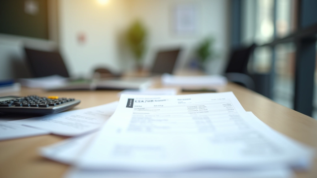 Moderne Büroumgebung mit Finanzunterlagen und Gehaltsabrechnung auf Schreibtisch, professionelle Beleuchtung