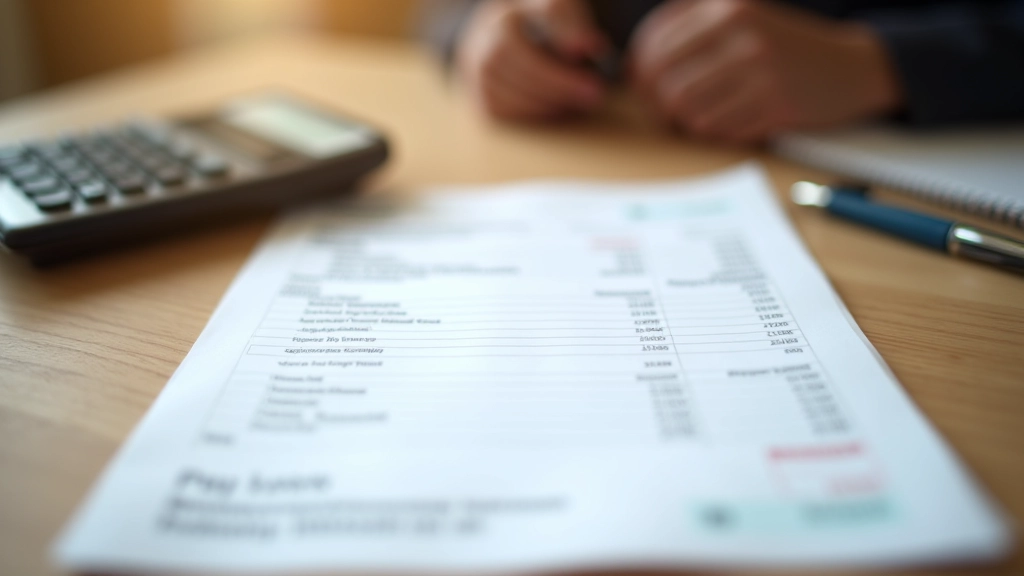 Gehaltsabrechnung auf einem Schreibtisch mit Taschenrechner und Stift