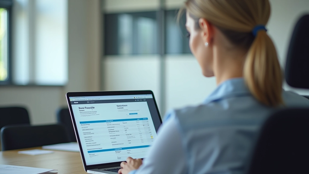 Person studiert detailliert Gehaltsabrechnung am Laptop, Fokus auf Verständnis, freundliche Arbeitsumgebung
